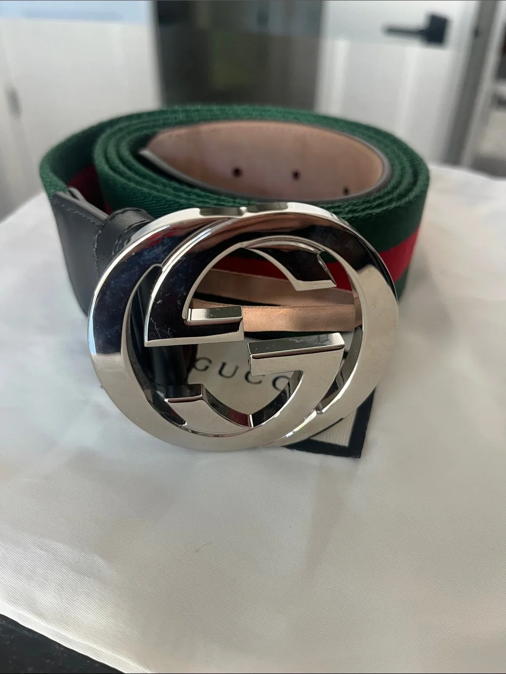 Gucci 411924 H917N Belt Black Leather / Fabric with Polished Silver Buckle